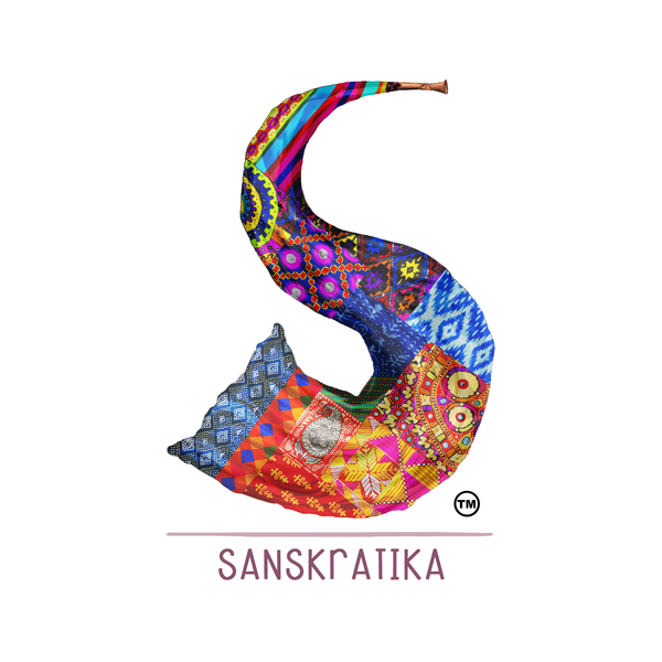 Sanskratika's logo is designed in the shape is inspired by the shape of Traditional Indian Trumpet called Narsingha which is identical to S shape. This Sanskratika's S shaped logo holds within its boundaries textile folk art forms of Indian States respectively from Ladakh to Southern states in ascending order. This Logo was hand drawn digitally and the concept behind the logo belongs to Ms. Neha Handa. Trademark has been applied for this logo by the owner of its right and is in process.